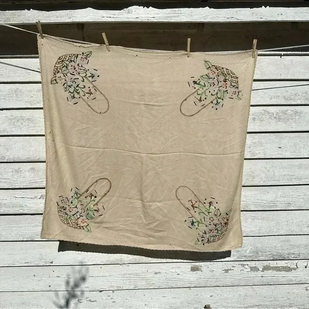 Vintage embroidered tablecloth baskets on each corner measurements are 40”43”